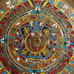 vintage brass MEXICO Colorful Aztec Wall Decor plate 🥳